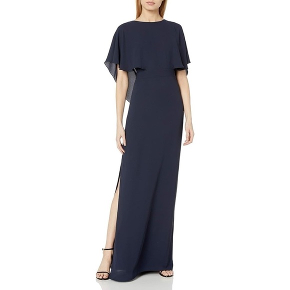 Halston Heritage Drape Back Cape Sleeve Ruffle Slit Navy Gown Maxi Dress 8 - Picture 1 of 13
